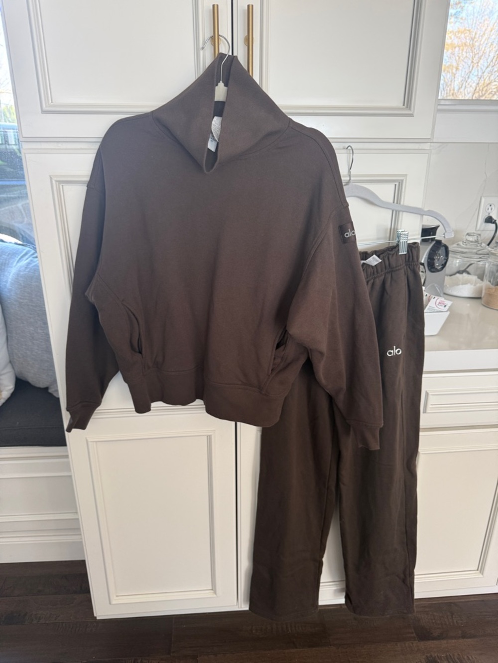 ALO Yoga funnel neck sweatshirt in Warm Brown with matching sweatpants